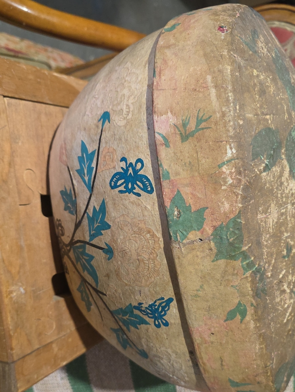 Vintage Papermache Hand-Painted Floral Box in Teal and Natural Tones